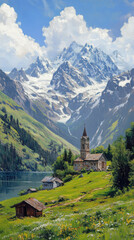 Fototapeta premium Impressionist Mountain Landscape of Georgia with Church, Lake, and Green Meadow Beneath Snow-Capped Peaks.