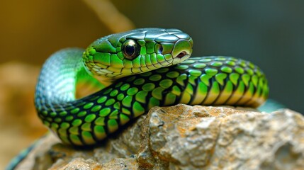 Green snake looking at the camera on a rock, AI generated image