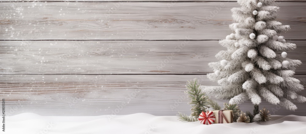 Poster christmas tree made of fir with snow-covered ground on white wooden background featuring gift box an