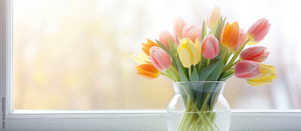 Poster vibrant bouquet of fresh tulips in pastel colors arranged in a glass vase on a sunlit windowsill wit
