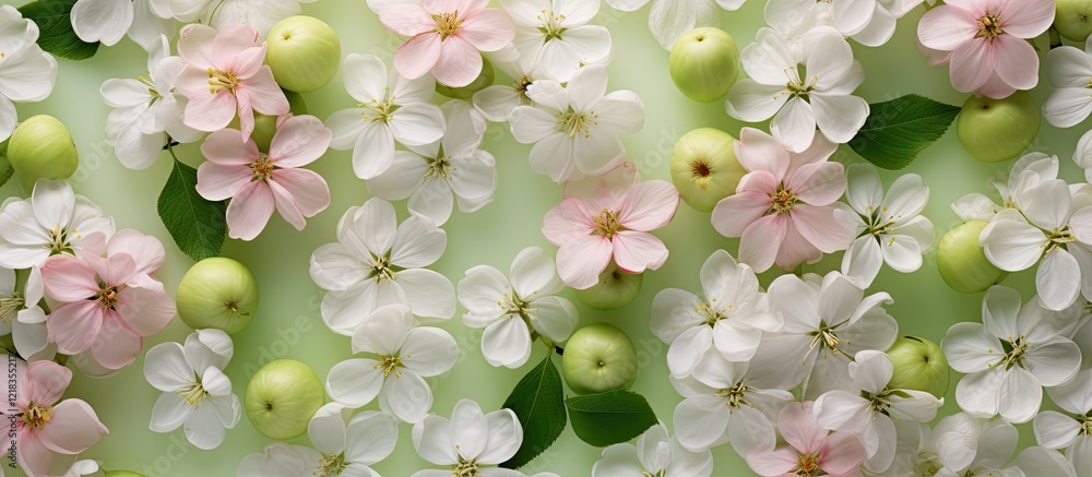 Poster top down view of vibrant green apple surrounded by delicate white and pink apple blossoms on soft pa