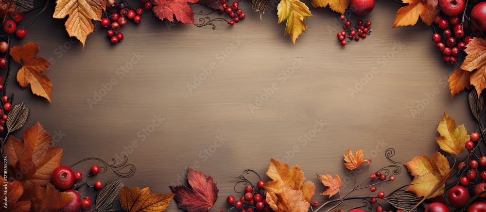 Aufkleber Autumn foliage and vibrant red berries create a decorative border around an empty wooden center space for inscribed text with warm tones.