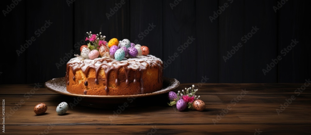 Poster easter cake with colorful eggs and flowers placed on a dark wooden table, softly lit, creating a fes