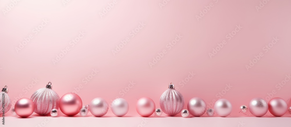 Poster Minimalist flat lay of pink and silver Christmas ornaments arranged horizontally on a soft pastel pink background with ample empty space for text.