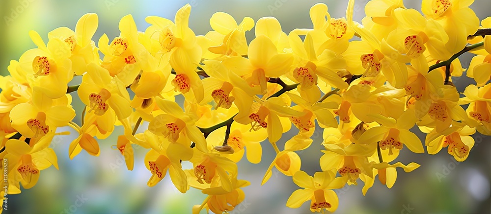 Poster Vibrant yellow oncidium orchids cascading across the image with lush blurred green background creating a summery garden atmosphere with ample copy space