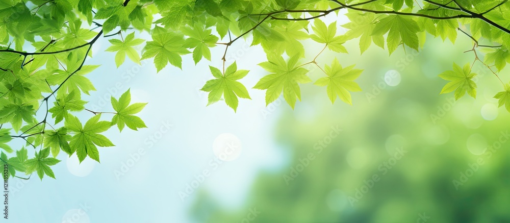 Poster Vibrant green maple tree branches frame the top of the image against a soft blue background offering ample copy space below for creative text.