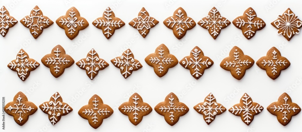 Poster Top down view of decorated gingerbread cookies arranged in a row on a white background providing ample copy space for text and graphics