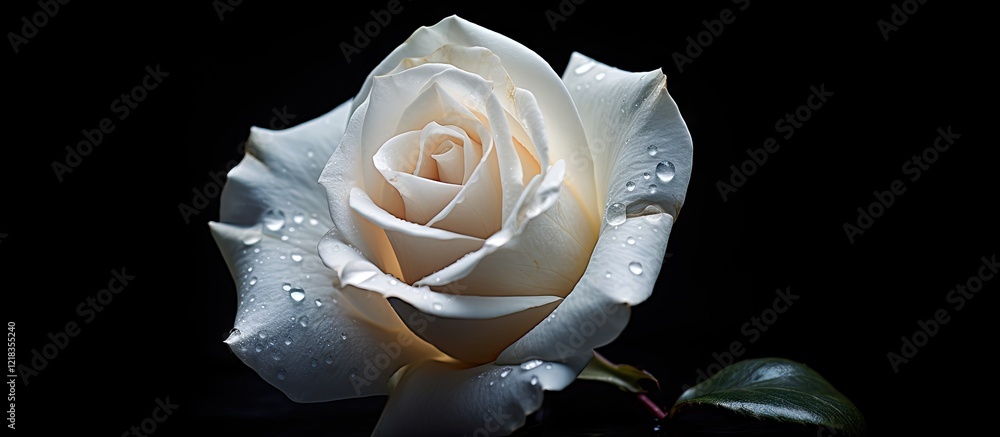 Poster elegant closeup of a white rose with dew droplets against a rich black background, focusing on the p
