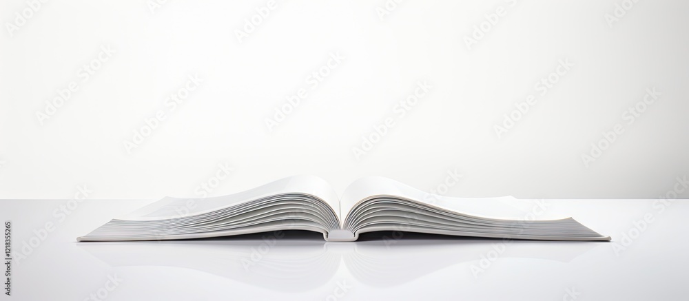 Aufkleber Open white book on a glossy surface blending into a light grey background creating a minimalistic and elegant composition for copy space use.