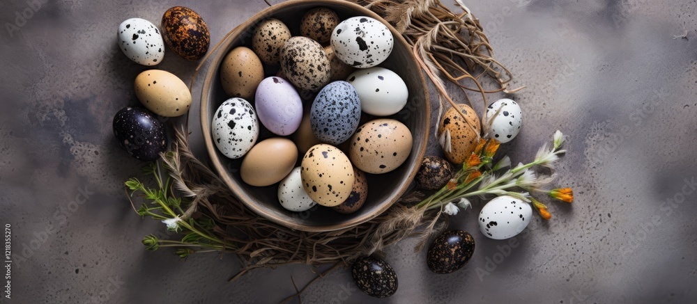 Poster colorful easter eggs including chicken and quail eggs arranged in a rustic bowl on a textured stone 