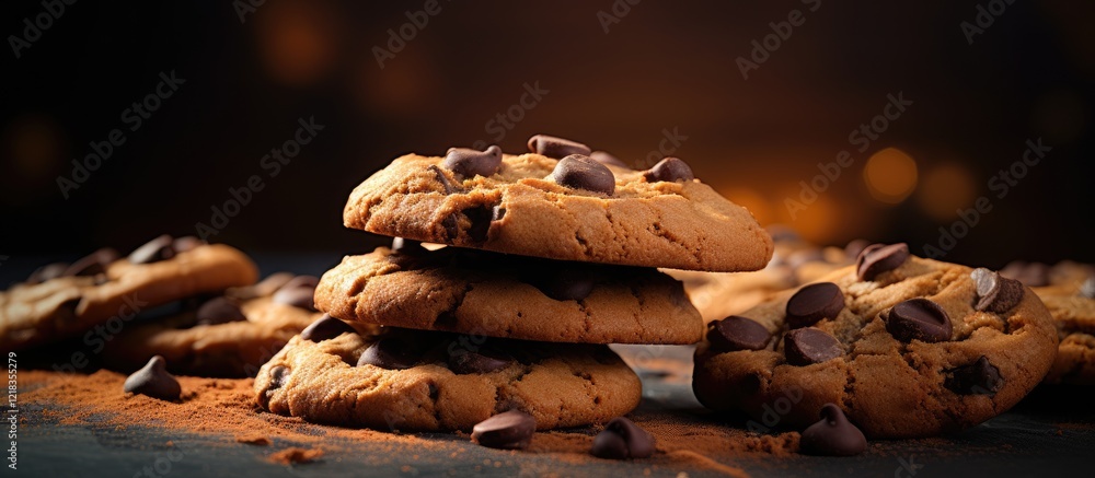 Aufkleber stack of warm, freshly baked cookies with dark chocolate chips on a rustic surface, illuminated by s