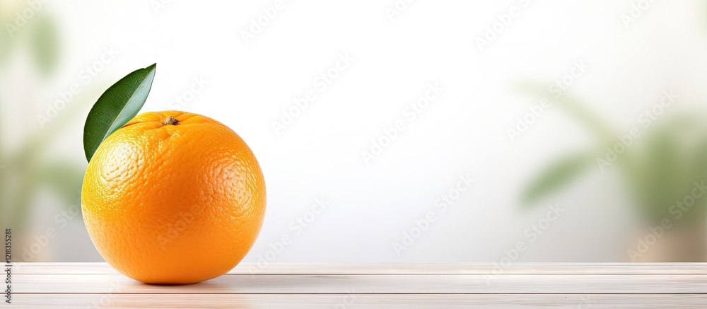 Poster fresh orange fruit with green leaf resting on a wooden table against a soft white wall with blurred 