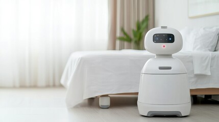 A modern robot stands beside a bed in a bright room, showcasing innovative technology and automation in a domestic setting.