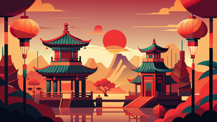 Stylized Cartoon Illustration of a Chinese Temple Landscape The image is a stylized, cartoon-like illustration depicting a serene Chinese landscape. It features traditional Chinese temples or pagodas 