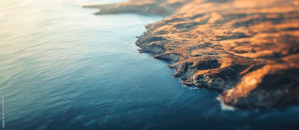 Poster aerial view of a rugged coastline with blurred ocean waves reflecting soft golden hues from the suns