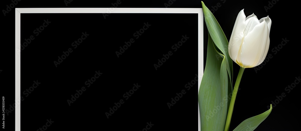 Aufkleber elegant white tulip beside a blank photo frame positioned on the left against a solid black backgrou