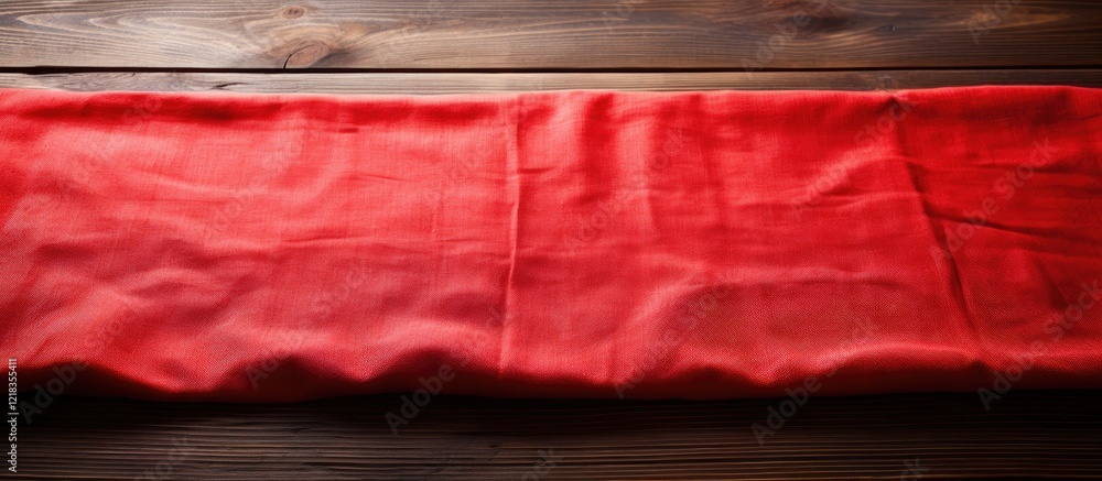 Poster red tablecloth draped over a brown wooden table creating ample copy space with smooth texture and na