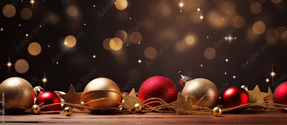 Poster Festive Christmas background featuring gold and red ornaments with warm bokeh lights and sparkling stars on a dark backdrop with ample copy space