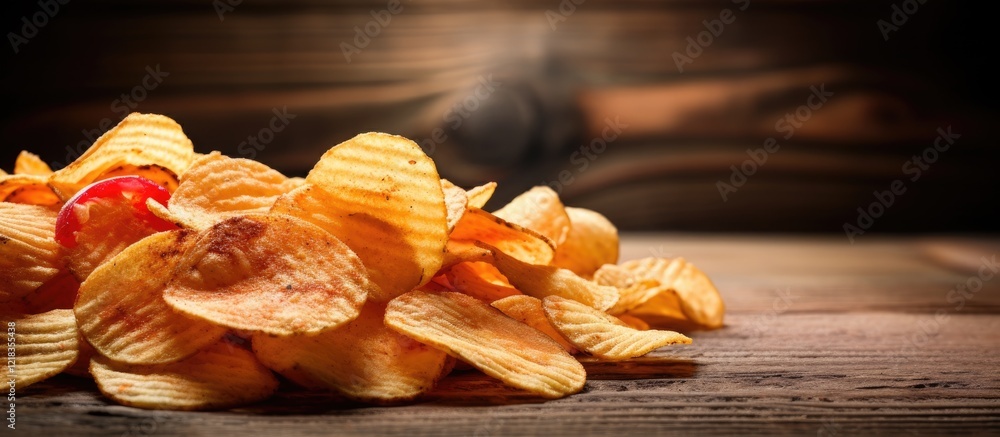 Poster Golden potato chips scattered casually on a rustic wooden background with soft lighting creating a warm, inviting atmosphere.
