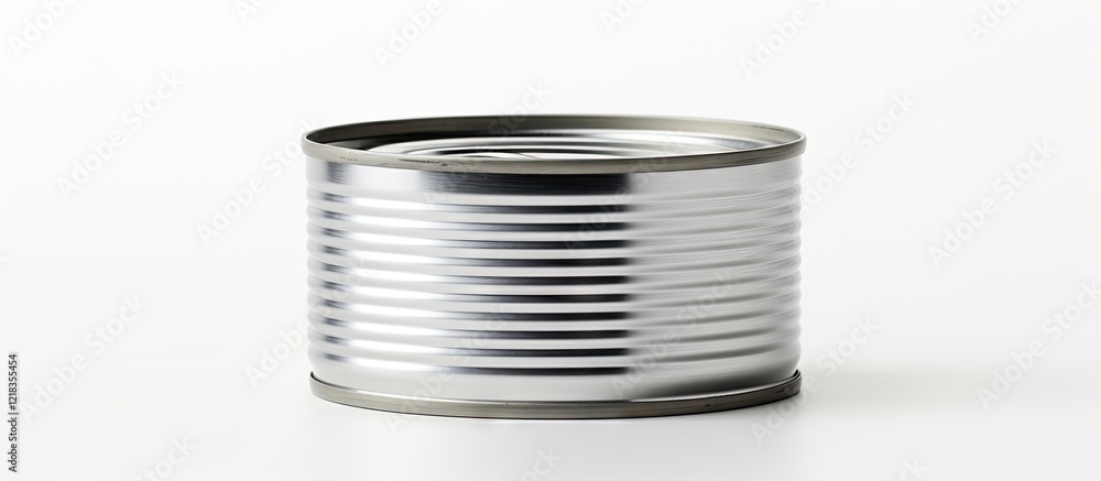 Poster Tin can of preserved food on a white background with silver metallic sheen positioned centrally creating ample copy space for text integration