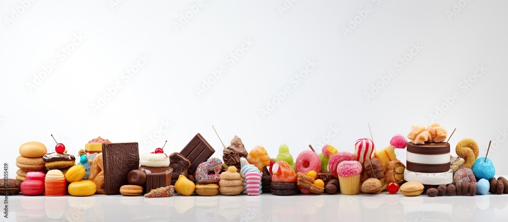 Aufkleber Colorful assorted confections including macarons and chocolates arranged on a white background with ample copy space for text placement.