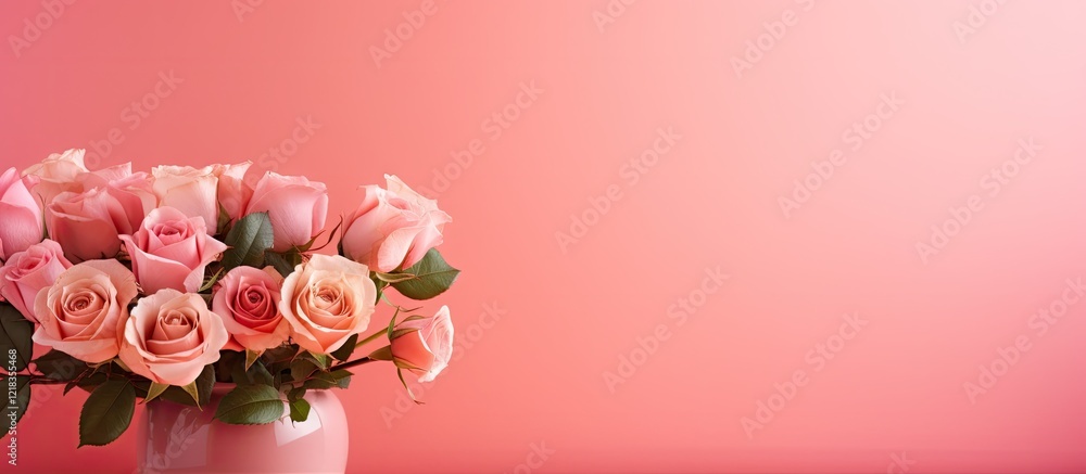 Aufkleber romantic bouquet of pink roses in a white vase on a soft pink background with ample space on the rig