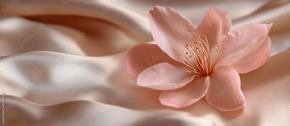 Poster delicate pink flower positioned centrally on a soft beige silk background highlighting its fragile b