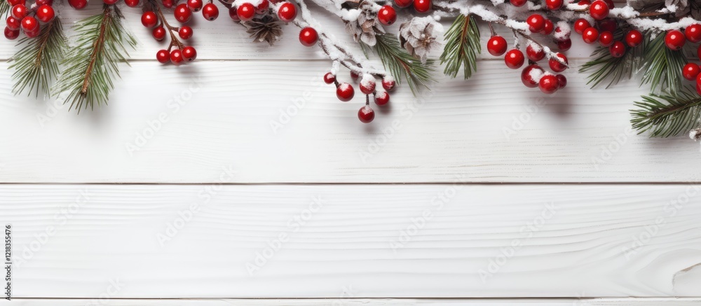 Poster festive christmas tree branch with red berries on a white wooden background creating ideal copy spac