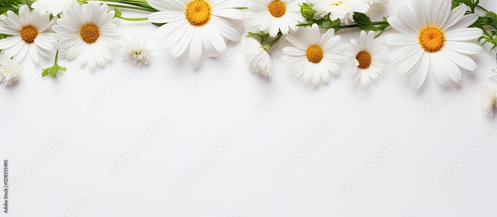 Aufkleber bright white background featuring a border of bindweed and daisy flowers at the top with ample copy 