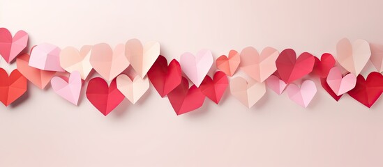 Colorful paper hearts in varying shades of red and pink hanging in a festive garland against a soft beige background, creating a warm, romantic atmosphere.