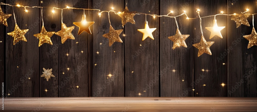 Poster Rustic wooden background with glowing gold star decorations and soft bokeh effects creating a festive atmosphere ideal for Christmas themes