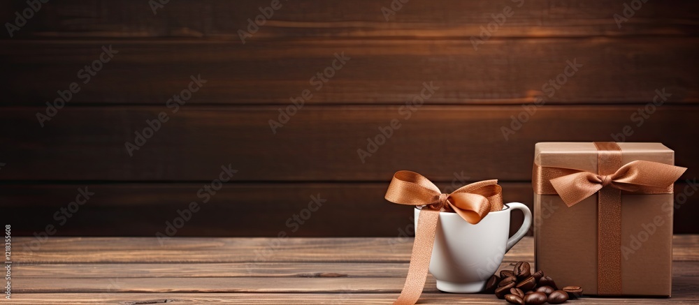 Poster coffee cup with a brown ribbon and gift box on a dark wooden background with coffee beans on the sid