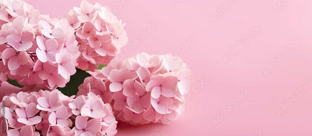 Fototapete soft pink hydrangea flowers in the foreground on a smooth light pink background with abundant copy s