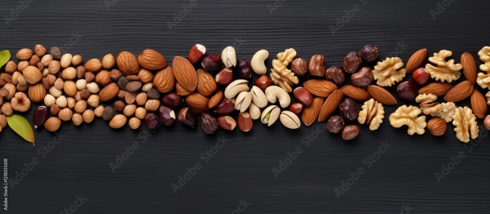 Poster variety of nuts including almonds, walnuts, and hazelnuts arranged horizontally on a grey background