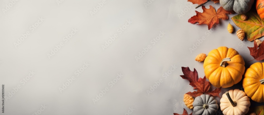 Poster autumnal flat lay featuring vibrant orange and gray pumpkins with colorful leaves on a soft gray bac