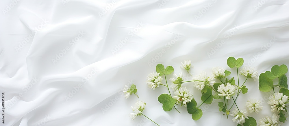 Poster delicate white backdrop featuring an arrangement of white clover and a rare four-leaf clover on the 
