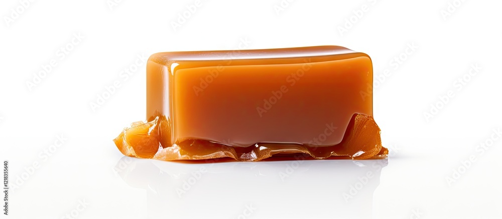 Poster glossy golden caramel candy positioned centrally on a crisp white background, with smooth edges and 