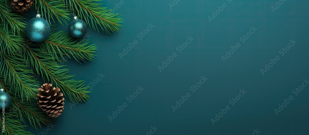 Poster blue teal background featuring green fir branches adorned with teal ornaments and pine cones on the 