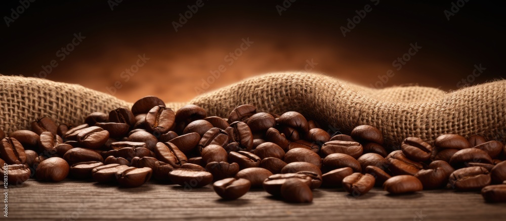 Poster close up of coffee beans on textured burlap background with warm brown tones and soft lighting creat