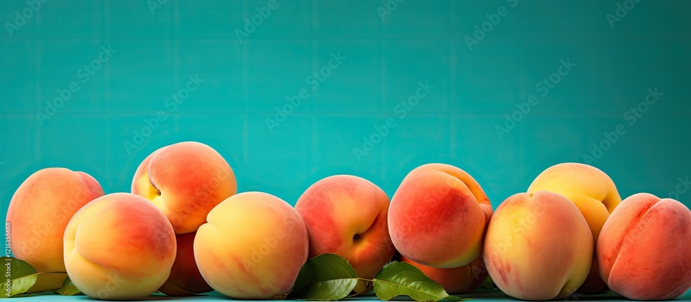 Poster ripe peaches arranged on a vibrant teal background with green leaves creating a fresh and colorful d