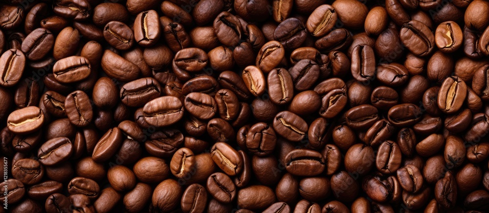 Poster background of roasted coffee beans in rich brown tones arranged evenly with ample copy space in the 