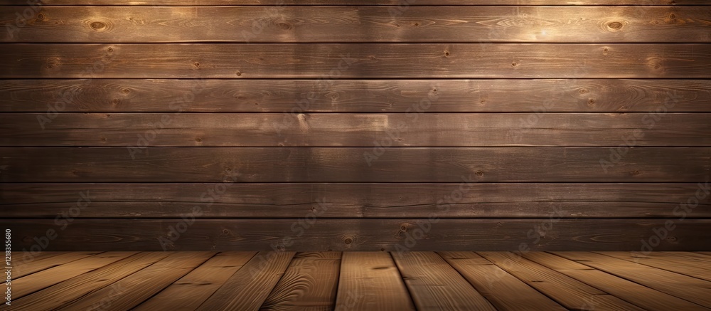 Poster Brown wooden background with horizontal planks and warm lighting creates a rustic copy space ideal for text or product display.