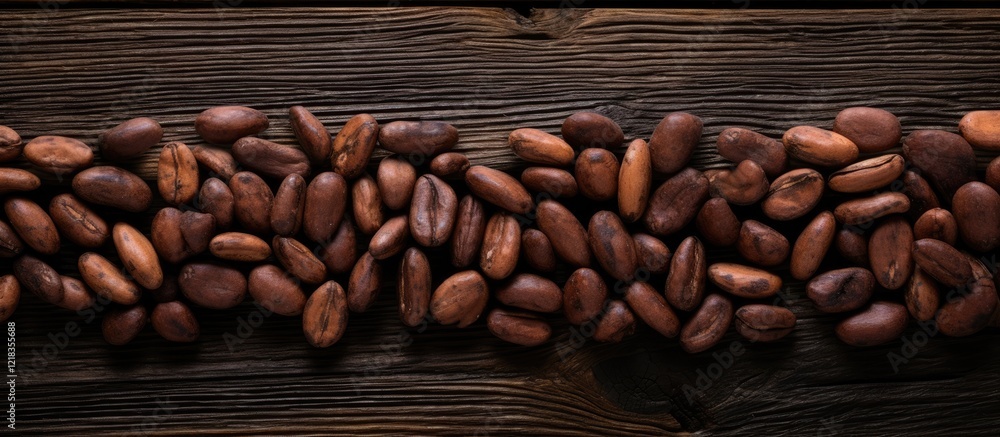 Poster Top down view of rich brown cocoa beans arranged in a horizontal line on a dark wooden background creating ample copy space for design.