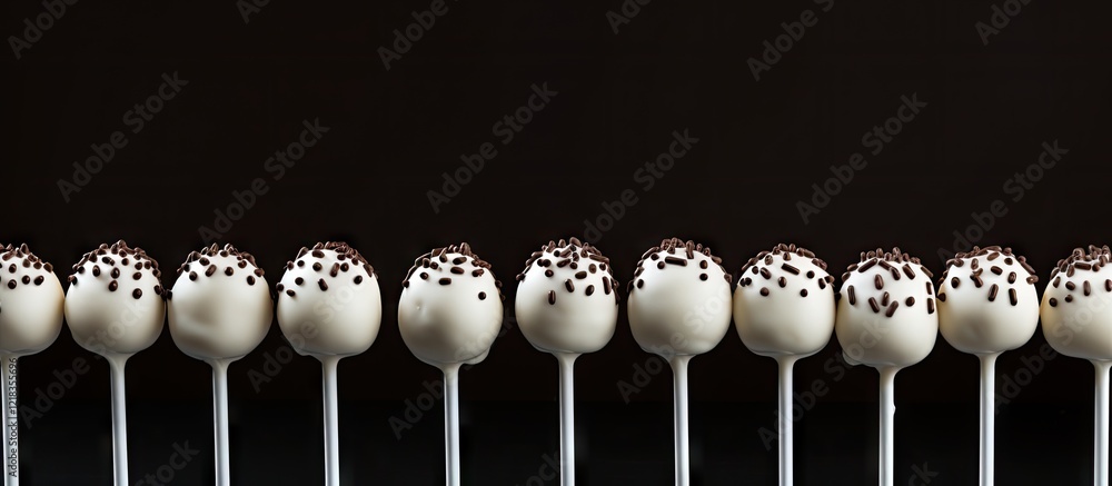 Poster elegant white cake pops adorned with dark chocolate and sprinkles arranged in a straight line agains