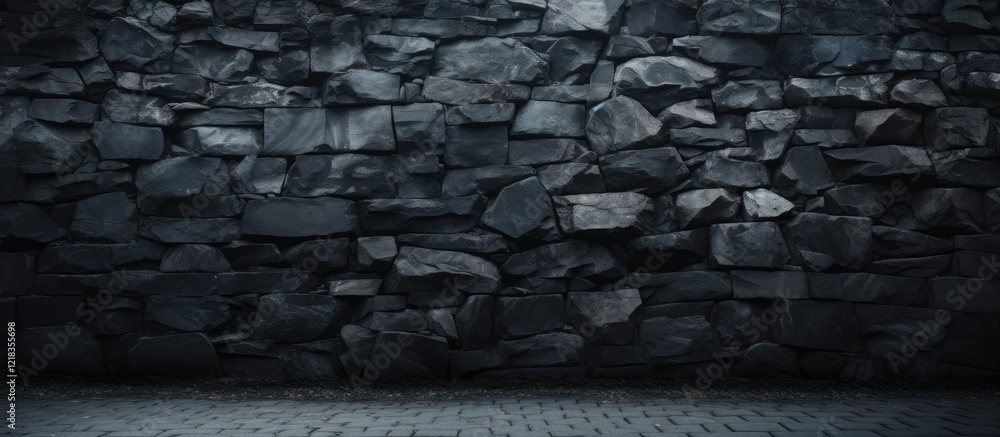 Leinwandbilder Textured dark stone wall with a rough surface on the left, light gray cobblestone pavement on the bottom, creating a moody atmosphere.