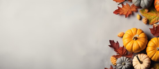 Fototapeta premium Autumnal flat lay featuring vibrant orange and gray pumpkins with colorful leaves on a soft gray background creating a warm seasonal atmosphere