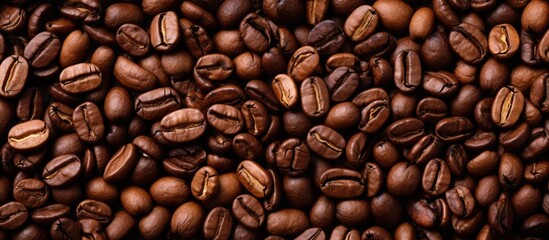 Fototapeta premium Background of roasted coffee beans in rich brown tones arranged evenly with ample copy space in the center ideal for branding and marketing.