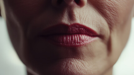 Obraz premium Close up of textured lips with subtle makeup, showcasing fine lines and natural skin tones. image captures beauty of aging and intricacies of human skin