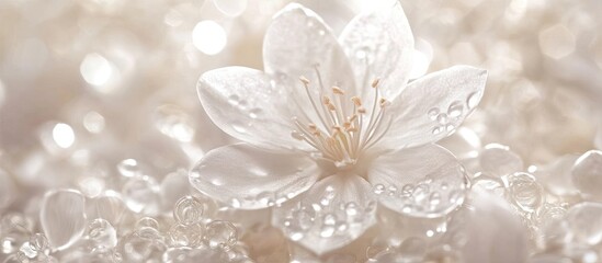 Delicate white flower with soft petals and water droplets in the center, positioned centrally against a dreamy blurred pastel background ideal for nature themes