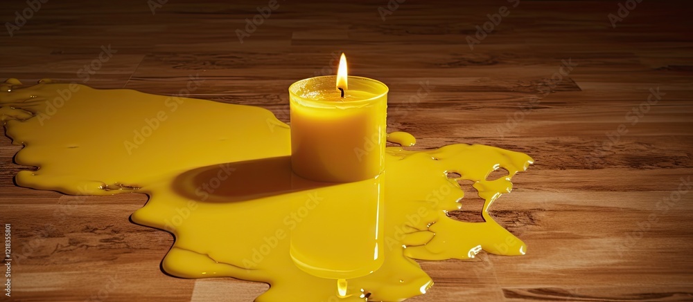 Poster Luminous yellow candle on a stained wooden floor with melted wax pooling around it glowing softly in dim light creating ample copy space